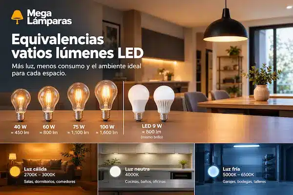 equivalencias vatios lúmenes LED